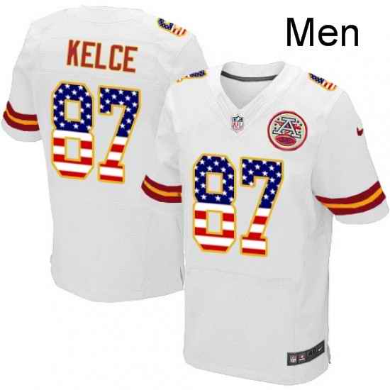 Men Nike Kansas City Chiefs 87 Travis Kelce Elite White Road USA Flag Fashion NFL Jersey